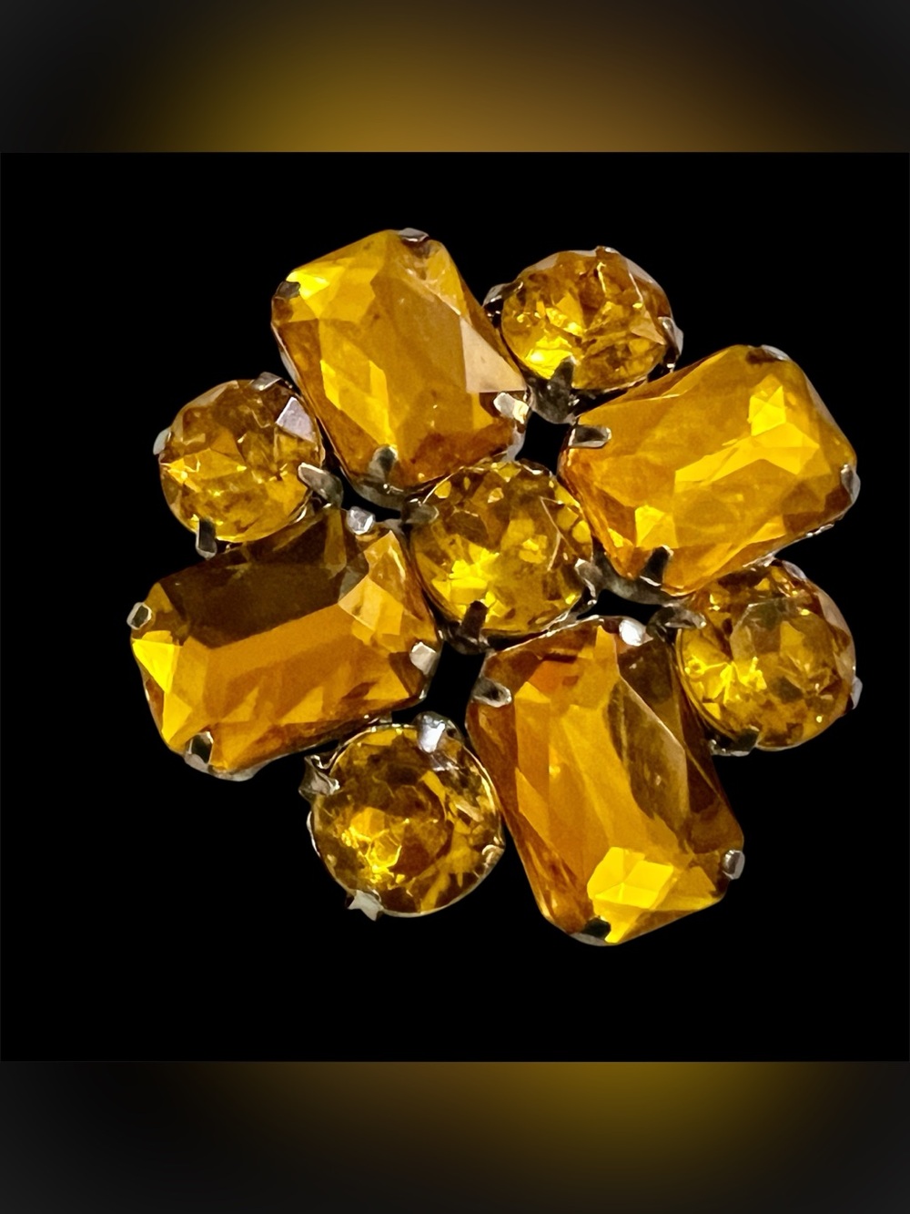 Golden Amber Crystal Cluster Brooch Emerald Cut Brooch Mid Century Modern Retro